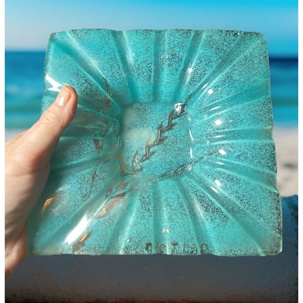 Coastal Aqua Teal Textured Glass Dish Square 6.5x6.5' Sea Inspired Accent Plate